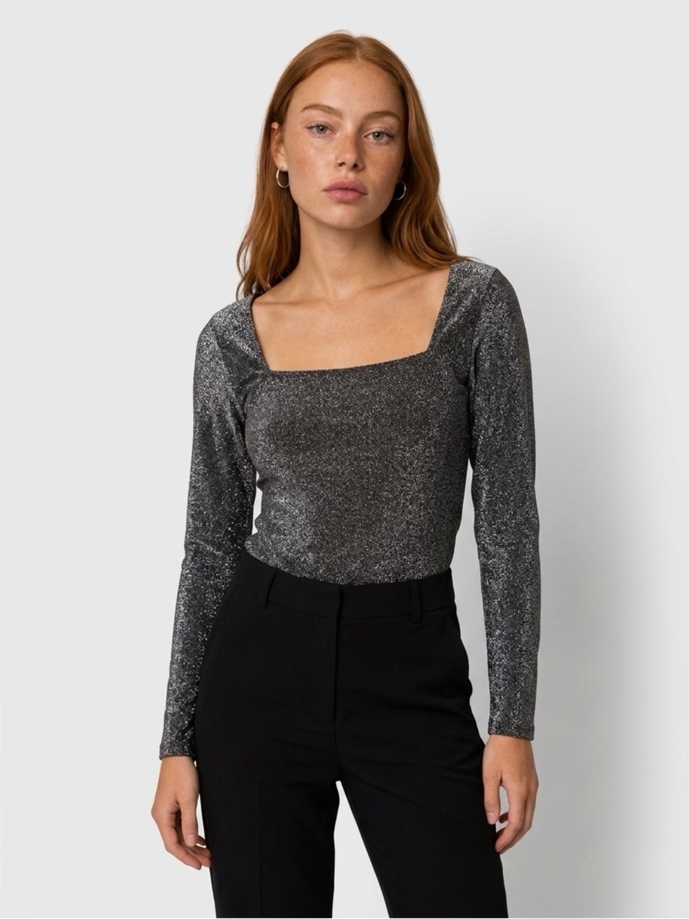 Calvin Klein Sparkle Square-Neck Long Sleeve Top — Silver